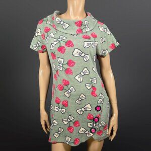 Y2K Strawberry Bow Print Mini Dress Buttons Size M Green Pink Fairy Coquette